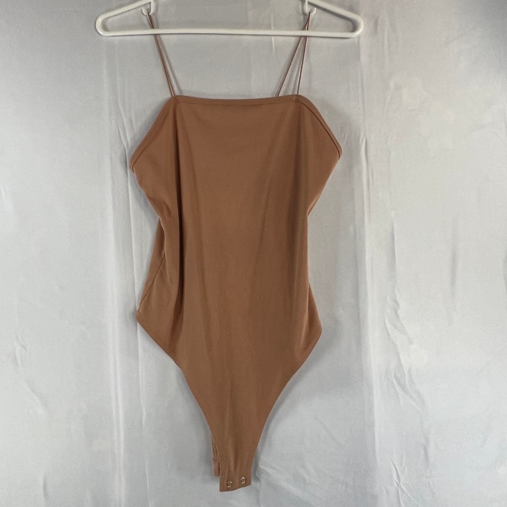 Tan Ribbed Spaghetti Strap Bodysuit Square Neck Camel Knit Top Small